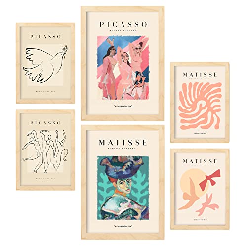 Nacnic Set mit 6 Postern von Picasso und Matisse. Körper. Drucke des Fauvismus und Surrealismus für Innenarchitektur und Dekoration. A3 & A4 Holzfarbe Rahmen. von Nacnic