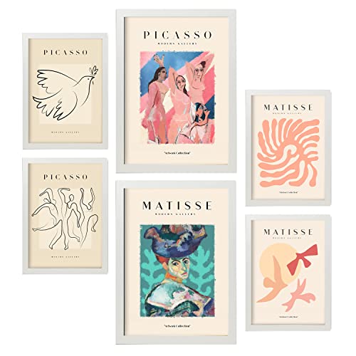 Nacnic Set mit 6 Postern von Picasso und Matisse. Körper. Drucke des Fauvismus und Surrealismus für Innenarchitektur und Dekoration. A3 & A4 weiße Rahmen. von Nacnic