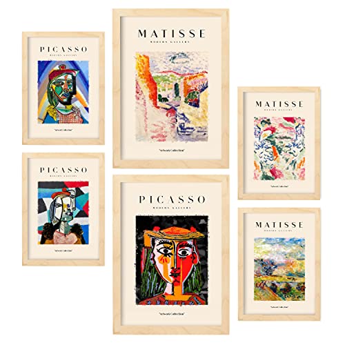 Nacnic Set mit 6 Postern von Picasso und Matisse. Letztes Jahrhundert. Drucke des Fauvismus und Surrealismus für Innenarchitektur und Dekoration. A3 & A4 Holzfarbe Rahmen. von Nacnic