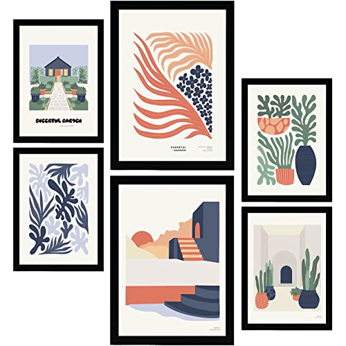 Nacnic Set mit 6 minimalistischen Postern in Pastellfarben. Fröhlicher Garten. Drucke von Landschaften und Natur für Innenarchitektur und Dekoration. A3 & A4 Schwarze Rahmen. von Nacnic