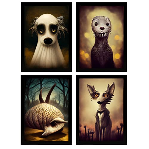 Nacnic Set of 4 Hunde Poster im T. Burton Stil. Tier Illustrationen und Poster, inspiriert von Burtons Dark und Goth Kunst. Innenarchitektur und Dekoration. A4 Schwarze Rahmen. von Nacnic