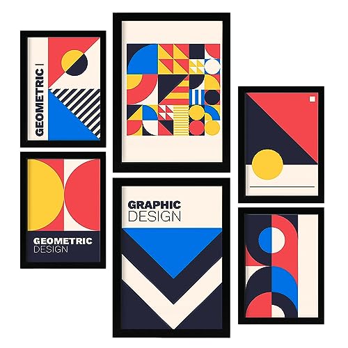 Nacnic Set von 6 Drucken im Bauhaus Stil 1 Geometrische Designkollektion Drucke mit Frames Ästhetische dekorative Rahmen für Ihr Wohnzimmer, Schlafzimmer, Zuhause Größen A4 und A3 mit schwarzen Rahmen von Nacnic