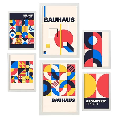 Nacnic Set von 6 Drucken im Bauhaus -Stil 2 Geometrische Designkollektion Drucke mit Frames Ästhetische dekorative Rahmen für Ihr Wohnzimmer, Schlafzimmer, Zuhause Größen A4 und A3 mit weißen Rahmen von Nacnic
