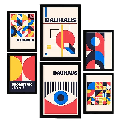 Nacnic Set von 6 Drucken im Bauhaus Stil 3 Geometrische Designkollektion Drucke mit Frames Ästhetische dekorative Rahmen für Ihr Wohnzimmer, Schlafzimmer, Zuhause Größen A4 und A3 mit schwarzen Rahmen von Nacnic