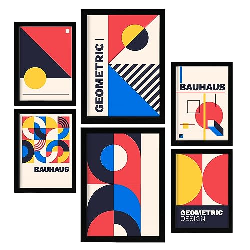 Nacnic Set von 6 Drucken im Bauhaus Stil 5 Geometrische Designkollektion Drucke mit Frames Ästhetische dekorative Rahmen für Ihr Wohnzimmer, Schlafzimmer, Zuhause Größen A4 und A3 mit schwarzen Rahmen von Nacnic