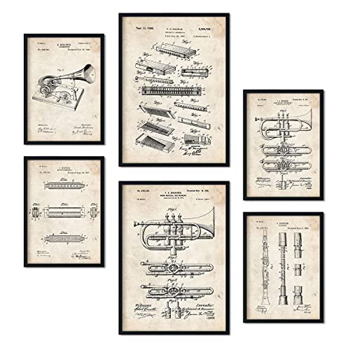Nacnic Set von 6 Plakaten mit Blasinstrument Patenten. Plakate mit Retro-Patentabbildungen. Inneneinrichtung im Vintage-Stil. Grösse A4 und A3. Mit Rahmen. von Nacnic