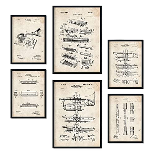 Nacnic Set von 6 Plakaten mit Blasinstrument Patenten. Plakate mit Retro-Patentabbildungen. Inneneinrichtung im Vintage-Stil. Grösse A4 und A3. Ohne Rahmen. von Nacnic