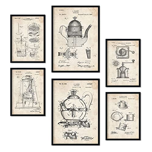 Nacnic Set von 6 Plakaten mit Kaffeemaschine Patenten. Plakate mit Retro-Patentabbildungen. Inneneinrichtung im Vintage-Stil. Grösse A4 und A3. Mit Rahmen. von Nacnic