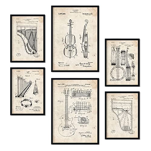 Nacnic Set von 6 Plakaten mit Saiteninstrument Patenten. Plakate mit Retro-Patentabbildungen. Inneneinrichtung im Vintage-Stil. Grösse A4 und A3. Mit Rahmen. von Nacnic
