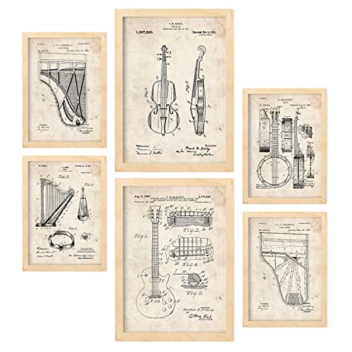 Nacnic Set von 6 Plakaten mit Saiteninstrument Patenten. Plakate mit Retro-Patentabbildungen. Inneneinrichtung im Vintage-Stil. Grösse A4 und A3. Mit Rahmen. von Nacnic