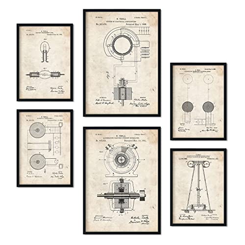 Nacnic Set von 6 Plakaten mit Strom 2 Patenten. Plakate mit Retro-Patentabbildungen. Inneneinrichtung im Vintage-Stil. Grösse A4 und A3. Mit Rahmen. von Nacnic