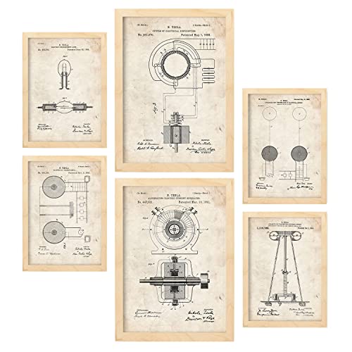 Nacnic Set von 6 Plakaten mit Strom 2 Patenten. Plakate mit Retro-Patentabbildungen. Inneneinrichtung im Vintage-Stil. Grösse A4 und A3. Mit Rahmen. von Nacnic