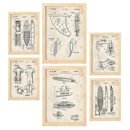 Nacnic Set von 6 Plakaten mit Surfen Patenten. Plakate mit Retro-Patentabbildungen. Inneneinrichtung im Vintage-Stil. Grösse A4 und A3. Mit Rahmen. von Nacnic