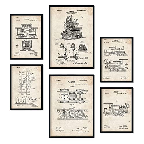 Nacnic Set von 6 Plakaten mit Zug Patenten. Plakate mit Retro-Patentabbildungen. Inneneinrichtung im Vintage-Stil. Grösse A4 und A3. Mit Rahmen. von Nacnic