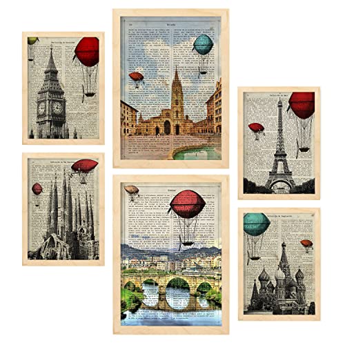 Nacnic Set von 6 Poster von Vintage Cities. Sammlung von Platten mit ästhetischer Collage für Innendekoration. Größen A3 und A4. Mit Holzrahmen. von Nacnic