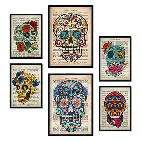 Nacnic-Set von 6 Vintage-Skulls Poster. Sammlung von Platten mit ästhetischer Collage für Innendekoration. Größen A3 und A4. Mit schwarzem Rahmen. von Nacnic