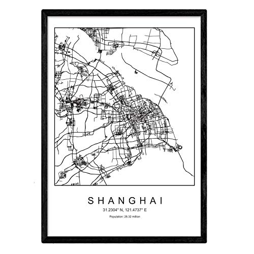 Nacnic Stadtplan Blatt Shanghai skandinavischer Stil in Schwarz und Weiß. A3 Größe Plakat Das Bedruckte Papier Keine 250 gr. Gemälde, Drucke und Poster für Wohnzimmer und Schlafzimmer von Nacnic