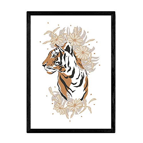 Nacnic Tiger-Gesichts-Plakat Blatt Dschungeltier mit Blumen und Grün. Wilde Tiere Dekoration mit floralen Tönen. A4-Format von Nacnic