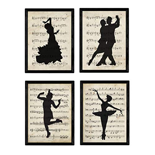 Nacnic Vintage Tänzerinnen und Tänzer Poster mit Musiknoten Hintergrund. Wanddekoration im Sepiatöne und Retro-Stil. A4 ohne Rahmen. von Nacnic