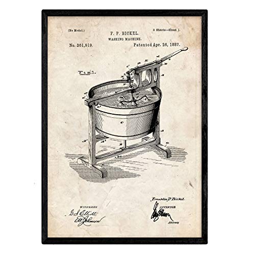 Nacnic Waschmaschinen-Patent-Poster mit Rahmen, Antikes Patent in Größe A3, Vintage-Hintergrund mit Rahmen von Nacnic