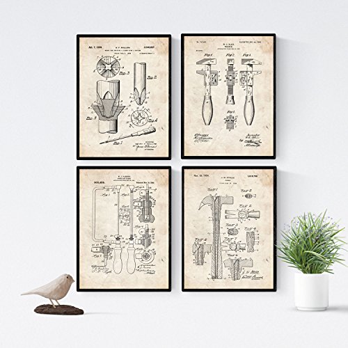 Nacnic Werkzeug Patent Poster 4er-Set. Vintage Stil Wanddekoration Abbildung von Hammer und Alte Erfindungen. Verschiedene technische Werkstatt Bilder ohne Rahmen. Größe A4. von Nacnic