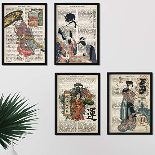 Nacnic set von 4 alte japan posters | poster mit japanischen motiven im vintage stil und hintergrund wörterbuchtexten in spanisch | japanische kunst. von Nacnic