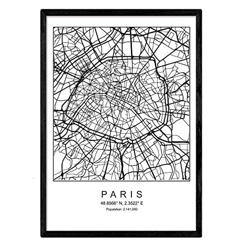 Nacnische Kunstdruckkarte der Stadt Paris Nordic-Stil in Schwarzweiss. Poster A3 Größe mit schwarzem Rahmen gedruckt Papier 250 gr. Bilder, Bettwäsche und Poster für Salon und Schlafzimmer von Nacnic