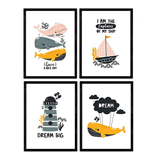 Packen vier Plakate mit Bildern von Walen. Blätter mit Kindern Bildern von Walen. Wale Leuchtturm marine Schiff auf dem Meeresboden. A4 von Nacnic