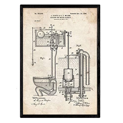 Nacnic Vintage Toilettenspülkasten Patent Poster | Plakate mit Erfindungen und alten Werkzeugen | Waschbecken Design für Kneipen, Restaurants, Bars | Größe A3. von Nacnic