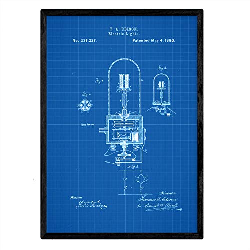 Nacnic Poster Patent elektrische Birne 2. Platte mit altem Design-Patent in A3-Format mit blauem Hintergrund von Nacnic