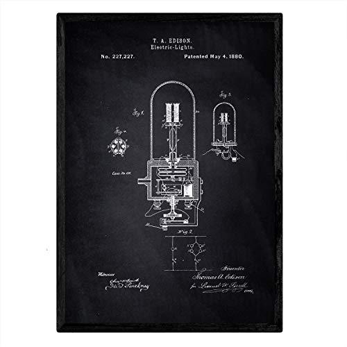 Nacnic Poster Patent elektrische Birne 2. Platte mit altem Design-Patent in der Größe A3 mit schwarzem Hintergrund von Nacnic