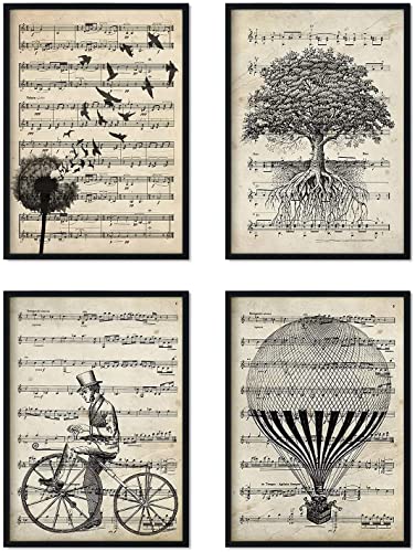 Premium 4er Set Poster mit Musikmotiven | Vintage Illustrationen Bilderbögen | Natur und Inspiration, um das Zuhause zu dekorieren / A4-Format (21x29,7cm) mit schwarzem Rahmen / von Nacnic
