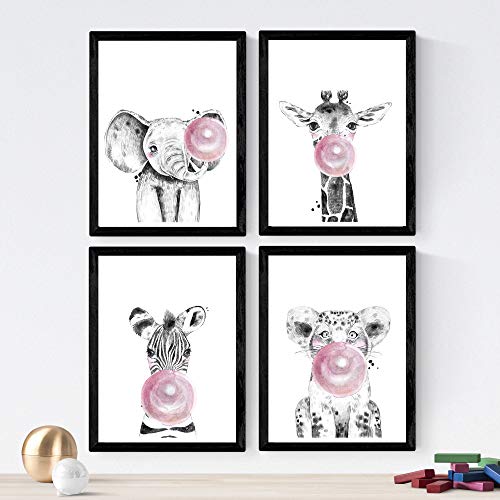 Nacnic Set von 4 Blatt Tieren Kinder mit Rosa Chicle im A4-Format, Poster Papier 250 gr hohe Qualität. Frameless von Nacnic