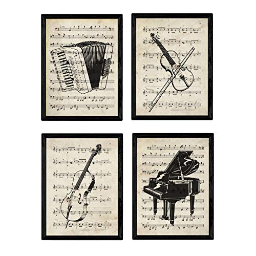 Set von 4 Poster Instrumente mit Noten. Klavier, Geige, Cello, Akkordeon. A4-Format. mit Rahmen von Nacnic