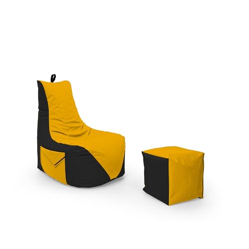 Nadimaideal Gamer Sitzsack Komfort XL - XXL für Kinder, Teenager & Erwachsene | Indoor & Outdoor | Sitzsack Gaming | Füllung EPS Perlen (Schwarz - Gelb, Sitzsack XXL mit Hocker) von Nadimaideal