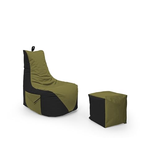 Nadimaideal Gamer Sitzsack Komfort XL - XXL für Kinder, Teenager & Erwachsene | Indoor & Outdoor | Sitzsack Gaming | Füllung EPS Perlen (Schwarz - Khaki, Sitzsack XL mit Hocker) von Nadimaideal