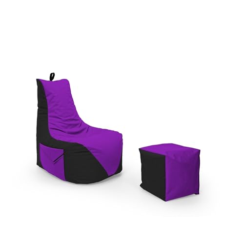 Nadimaideal Gamer Sitzsack Komfort XL - XXL für Kinder, Teenager & Erwachsene | Indoor & Outdoor | Sitzsack Gaming | Füllung EPS Perlen (Schwarz - Lila, Sitzsack XXL mit Hocker) von Nadimaideal