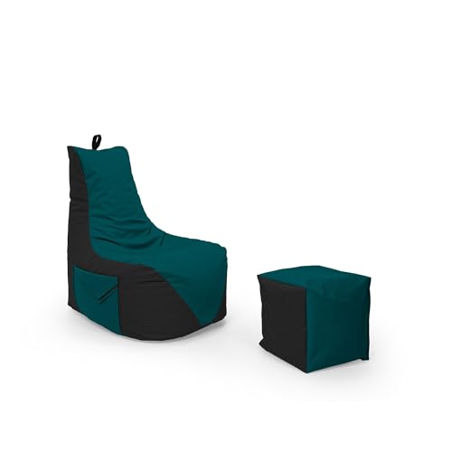 Nadimaideal Gamer Sitzsack Komfort XL - XXL für Kinder, Teenager & Erwachsene | Indoor & Outdoor | Sitzsack Gaming | Füllung EPS Perlen (Schwarz - Petrol, Sitzsack XL mit Hocker) von Nadimaideal
