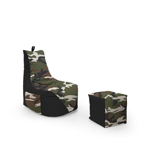 Nadimaideal Gamer Sitzsack Komfort XL - XXL für Kinder, Teenager & Erwachsene | Indoor & Outdoor | Sitzsack Gaming | Füllung EPS Perlen (Schwarz - Soldatisch, Sitzsack XXL mit Hocker) von Nadimaideal