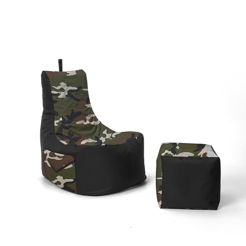 Nadimaideal Gaming Sitzsack XXL mit Hocker für Kinder, Teenager & Erwachsene | Indoor & Outdoor | Bodenkissen - Sessel - Beanbag bereits gefüllt | Füllung EPS Perlen (Soldatisch, Zweifarbig) von Nadimaideal