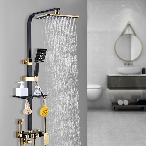 Regendusche Duschset Schwarz Gold,Duschsystem mit Kopfbrause Handbrause Duschkopf Duschpaneel Duscharmatur Duschgarnitur Duschsäule Einstellbare Höhe 75-120cm von NadineDutol