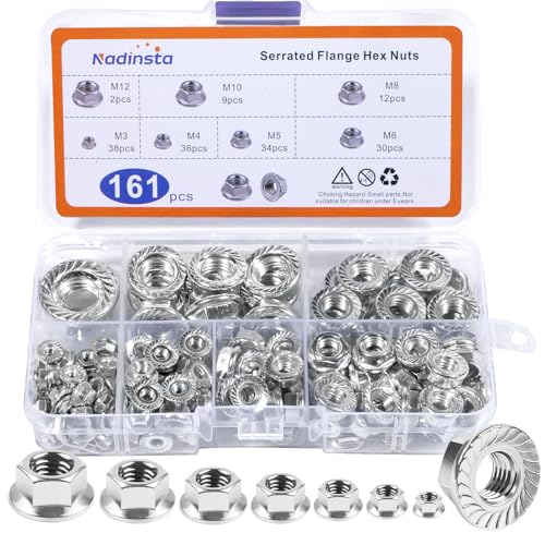 Nadinsta 161 Stk Flanschmuttern, Sechskant Flansch Muttern Mit Flansch Und Sperrverzahnung M3 M4 M5 M6 M8 M10 M12, Sechskantflanschmutter, Sechskantmuttern Selbstsichernd Edelstahl, Sperrzahnmuttern von Nadinsta