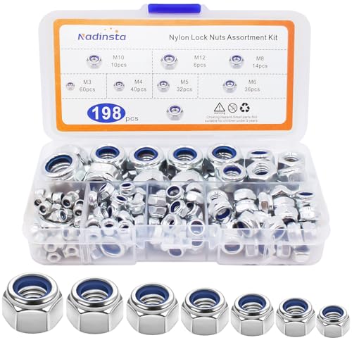 Nadinsta 198 Stück Sicherungsmuttern Sortiment, Edelstahl Selbstsichernde Muttern, Sechskant flanschmutter Set, Sicherungsmuttern, Sperrzahnmuttern, M3/M4/M5/M6/M8/M10/M12 von Nadinsta