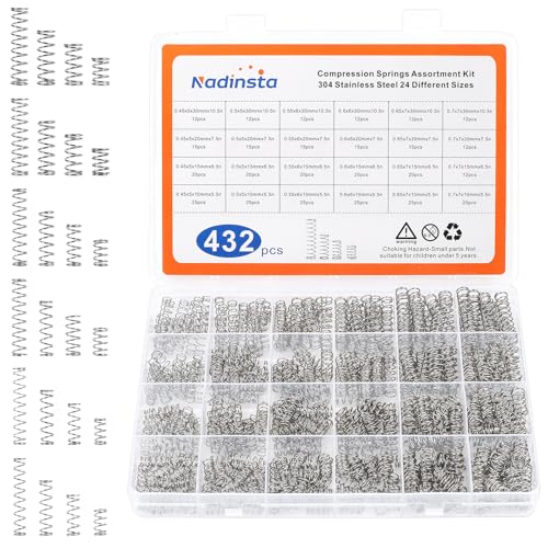 Nadinsta 432 Stück Druckfedern Sortiment, 24 Größen Edelstahl Druckfeder, Metall Spiralfeder Durchmesser, Längen 10mm 15mm 20mm 30mm, 6 Verschiedene Feder Zugfeder Sortiment für DIY Craft Repair von Nadinsta