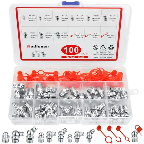Nadisean 100 Stück Schmiernippel Sortiment Kit, Schmiernippel Set M6 M8 M10 Gerade und Abgewinkelt 45 °90 °, Kegelschmiernippel für Schmierpressen, Hydraulik Fettnippel mit Kappen Aufbewahrungsbox Nadisean 100 Stück Schmiernippel Sortiment Kit, Schmiernippel Set M6 M8 M10 Gerade und Abgewinkelt 45 °90 °, Kegelschmiernippel für Schmierpressen, Hydraulik Fettnippel mit Kappen Aufbewahrungsbox von Nadisean