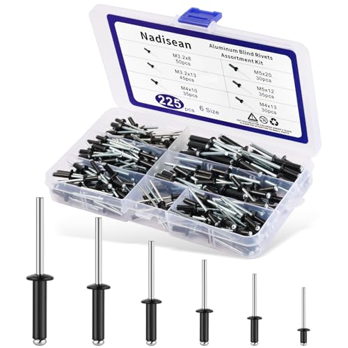 Nadisean 225 Stück 6 Größen Aluminium Blindnieten Schwarz Set, M3.2 M4 M5 Alu Nieten Popnieten mit Aufbewahrungsbox, Blindnieten Großkopf 3.2mm 4mm 5mm, Pop Nieten mit Flansch für Metall Holz von Nadisean