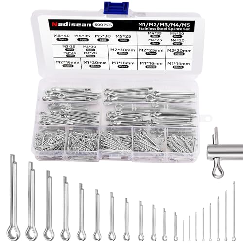 Nadisean 500 Stk Splinte Set, Edelstahl Splinte Sortiment mit Sortimentskasten, Sicherungssplinte in 20 Größen (M1 M2 M3 M4 M5) 14 - 40mm Federsplinte Federstecker für Autos Wohnmobile Gartengeräte von Nadisean