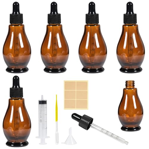 Nadisean 6 Stk Pipettenflasche Glasflasche 50ml, Apothekerflasche Birnenform Braunglasflasche Set mit Tropfenpipette, Glas Tropfflasche mit Trichter für Ätherische Öl von Nadisean