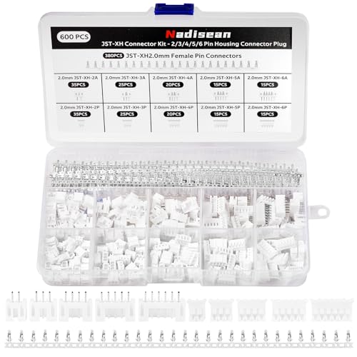 Nadisean 600 Stk JST Stecker Kit, JST-XH, 2,54mm Pitch Weiblich Pin Header, 2/3/4/5/6 Pin Gehäuse, Adapter Kabel Stecker Buchse, Weiß Platinenstecker mit Aufbewahrungsbox für Elektronischer, LED von Nadisean