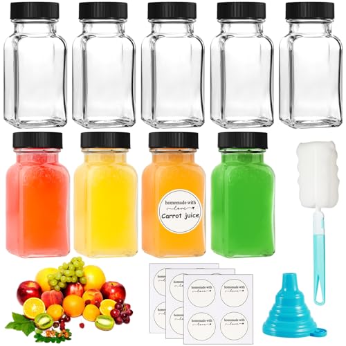 Nadisean 9 Stück 70ml Glas Ingwer Shot Flaschen mit Breitem Mund, Quadratisch Shot Flaschen zum Befüllen mit Deckel, Kleine Flaschen zum Befüllen mit Etiketten Trichter für Saft, Lngwer von Nadisean